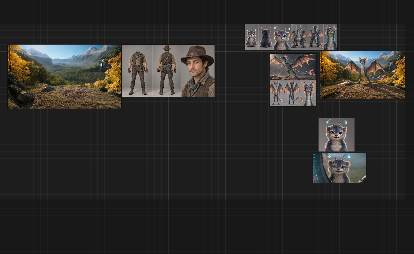 Project reference board with landscape, explorer, dragon and companion character studies