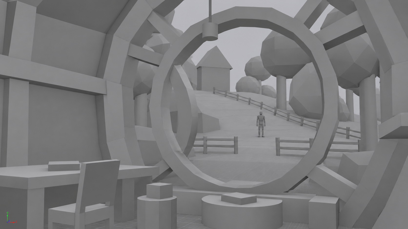 Illustrative greybox of the circular doorway interior, woodland path and cottage, with a mannequin for scale